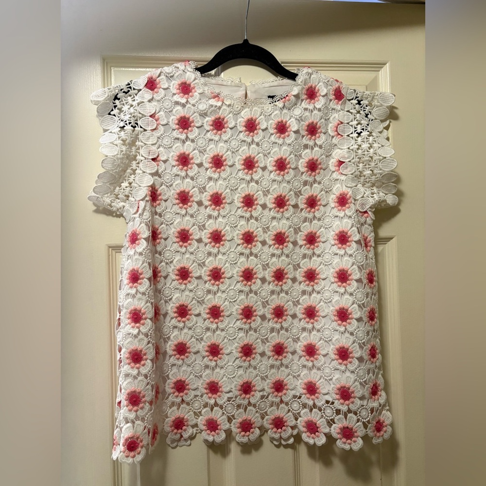 J.Crew Floral Crochet Lace Appliqué Top with Pink Accents (Size XS)